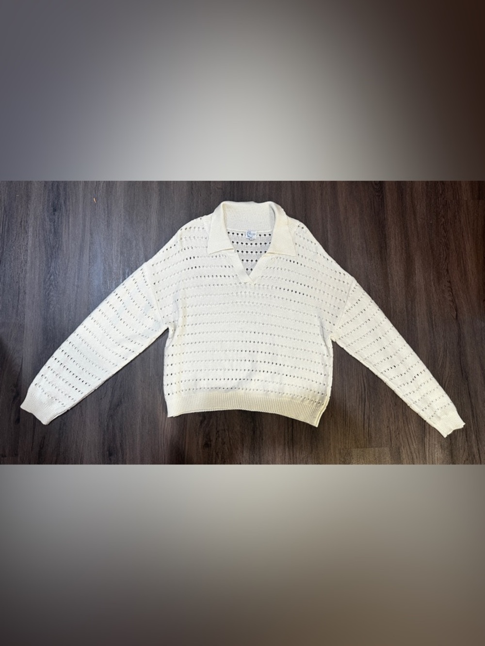 Blue Rain Francesca’s Cream Crochet Knit Sweater L Boho Collared Open Knit